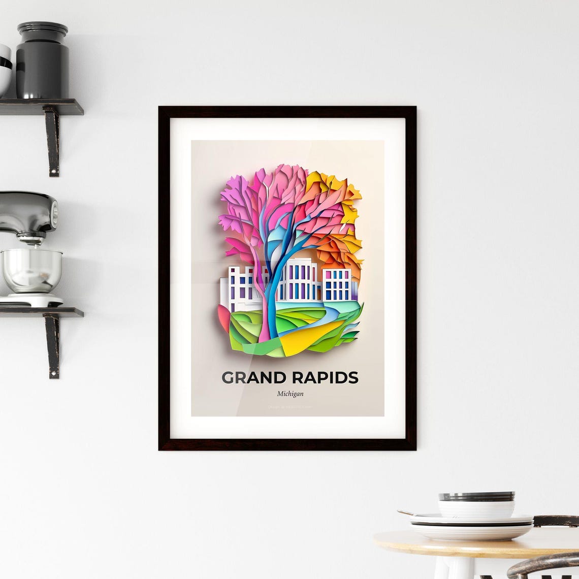 Grand Rapids Michigan Colorful Paper Cut Tree Building Poster - Image 2