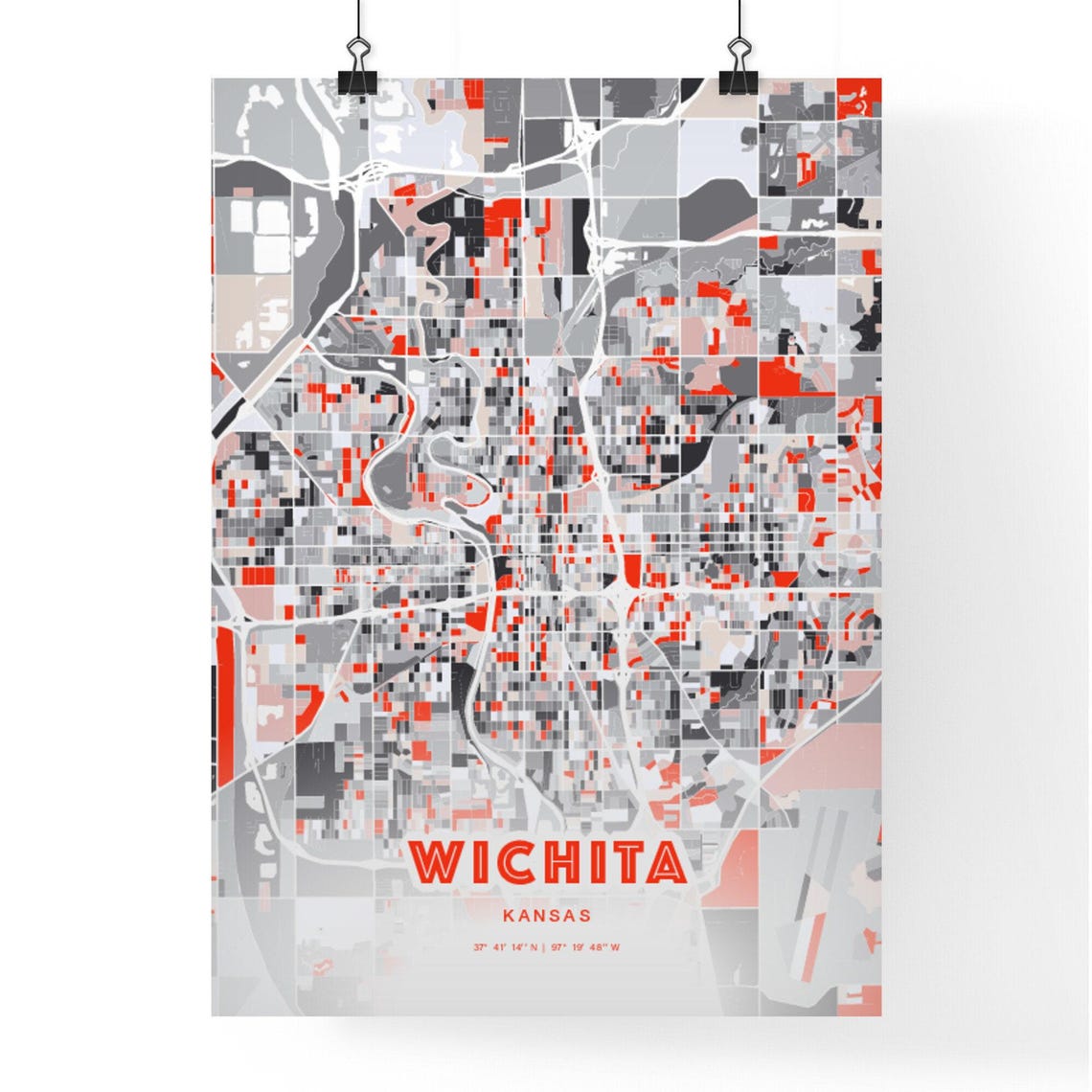 Wichita Kansas Expressive Bold Red City Street Map Artwork Poster - Image 3