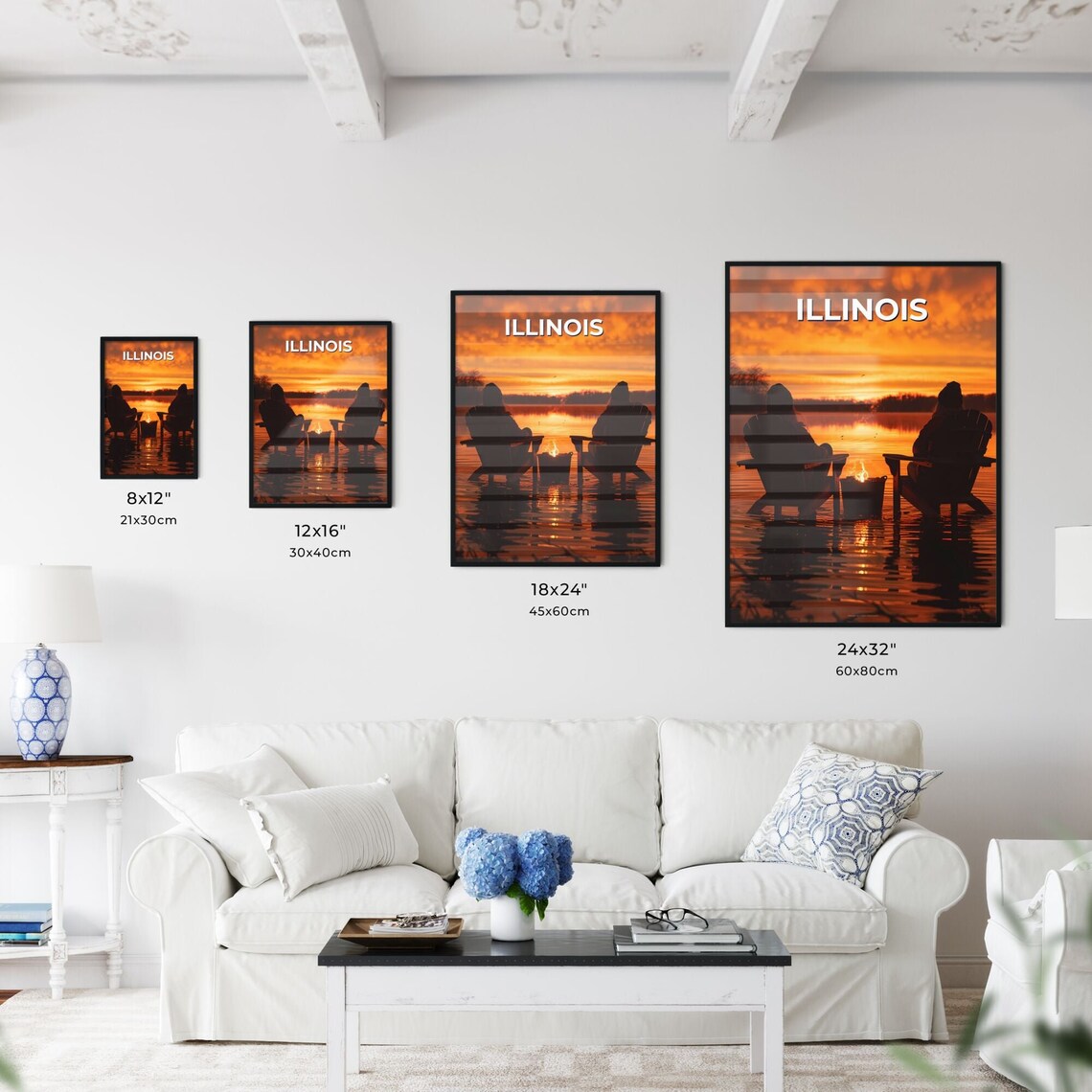 Illinois Sunset Lake Fire Pit Adirondack Chairs Vintage Travel Poster - Image 3