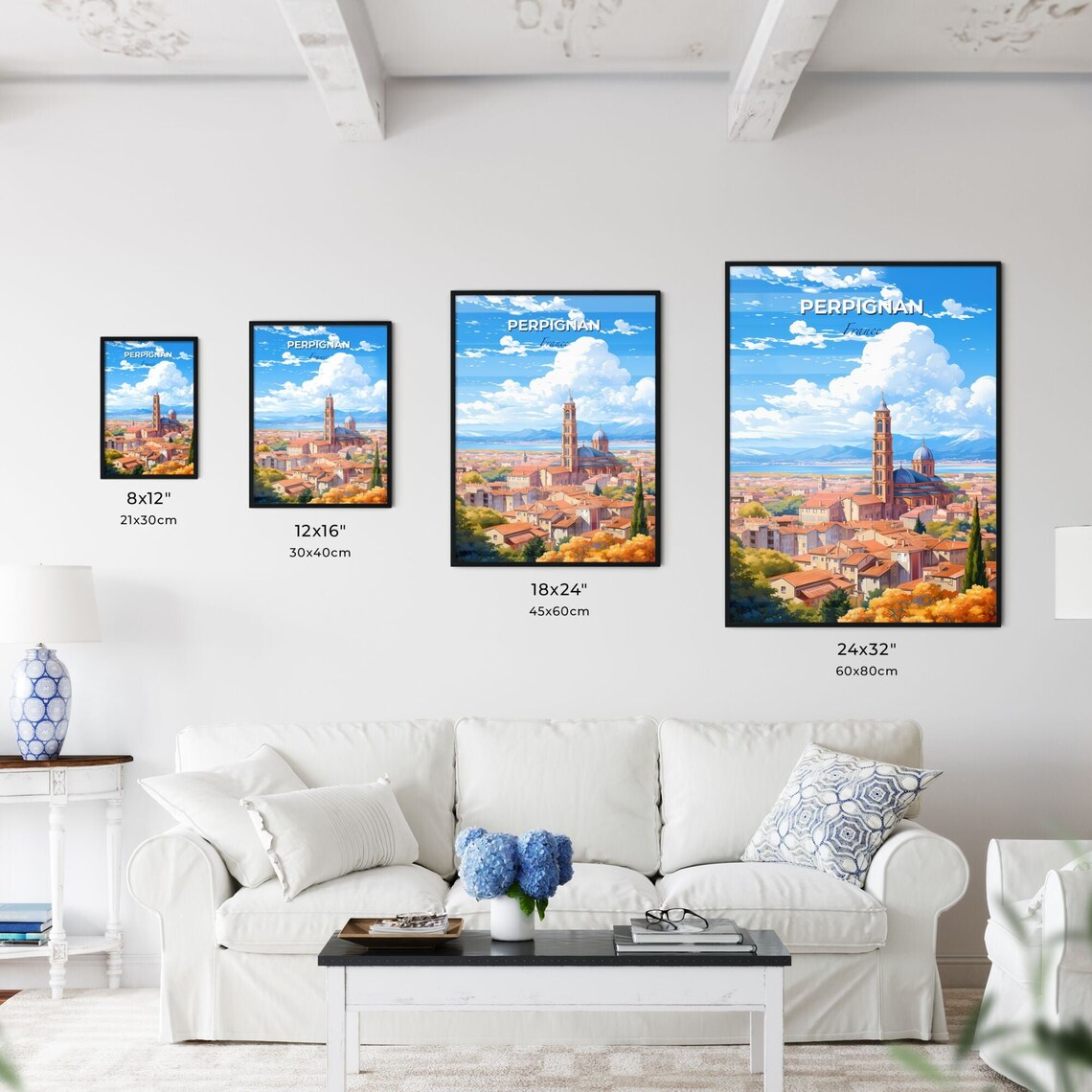 Perpignan France Poster Illustrated Travel Skyline Cathedral Mountain Art - Image 3