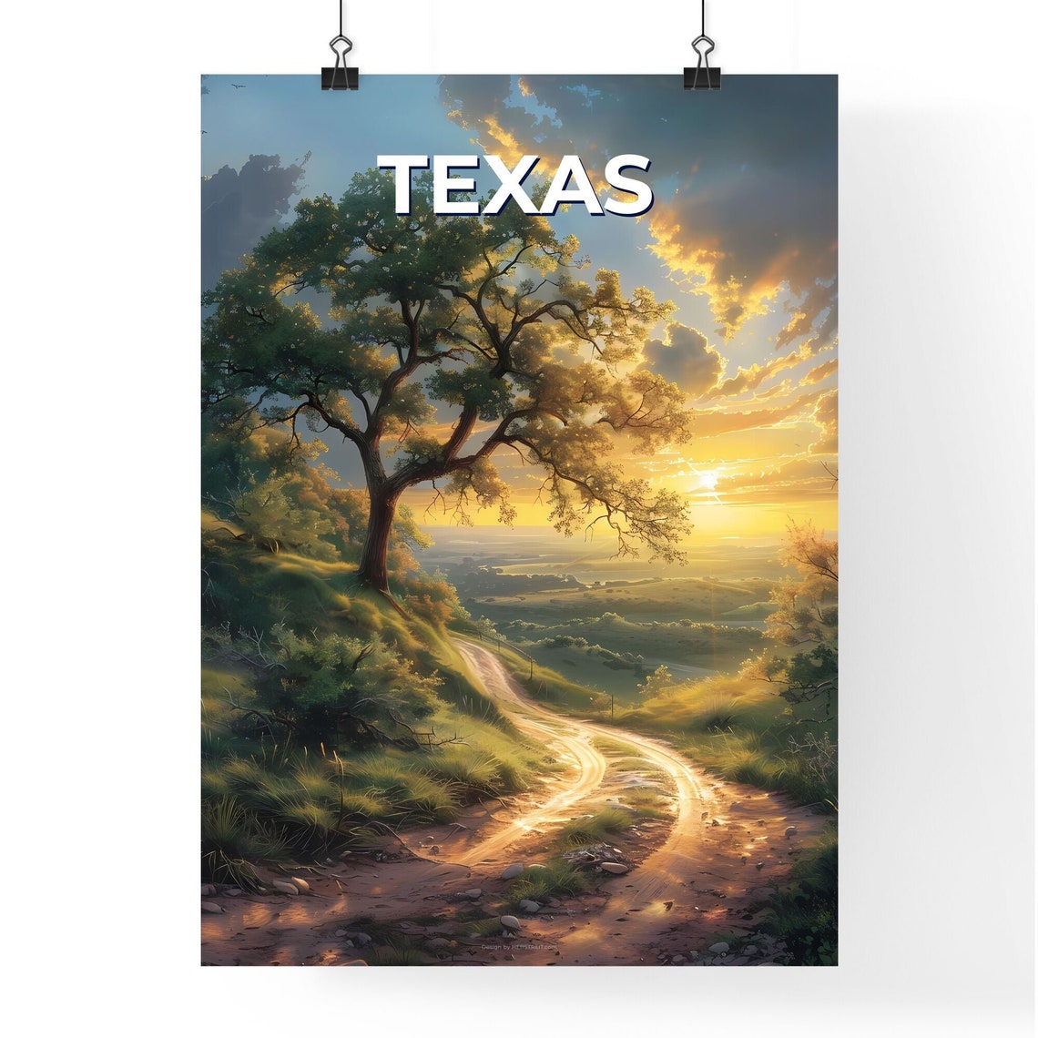 Texas Lone Tree Dirt Road Golden Sunset Landscape Art Poster - Image 4