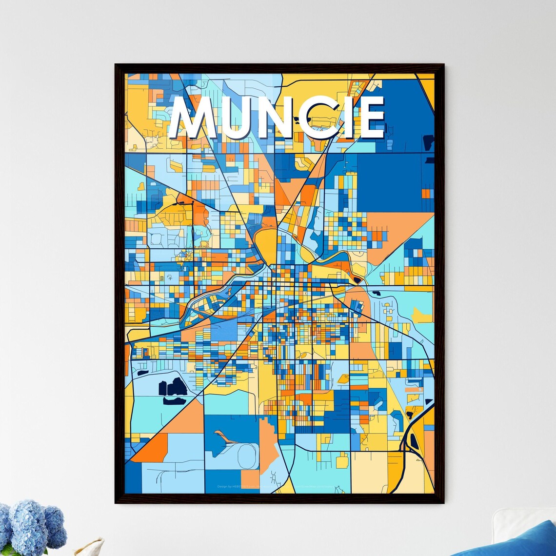 Muncie Indiana Vibrant Colorful City Map Art Poster for Home Decor
