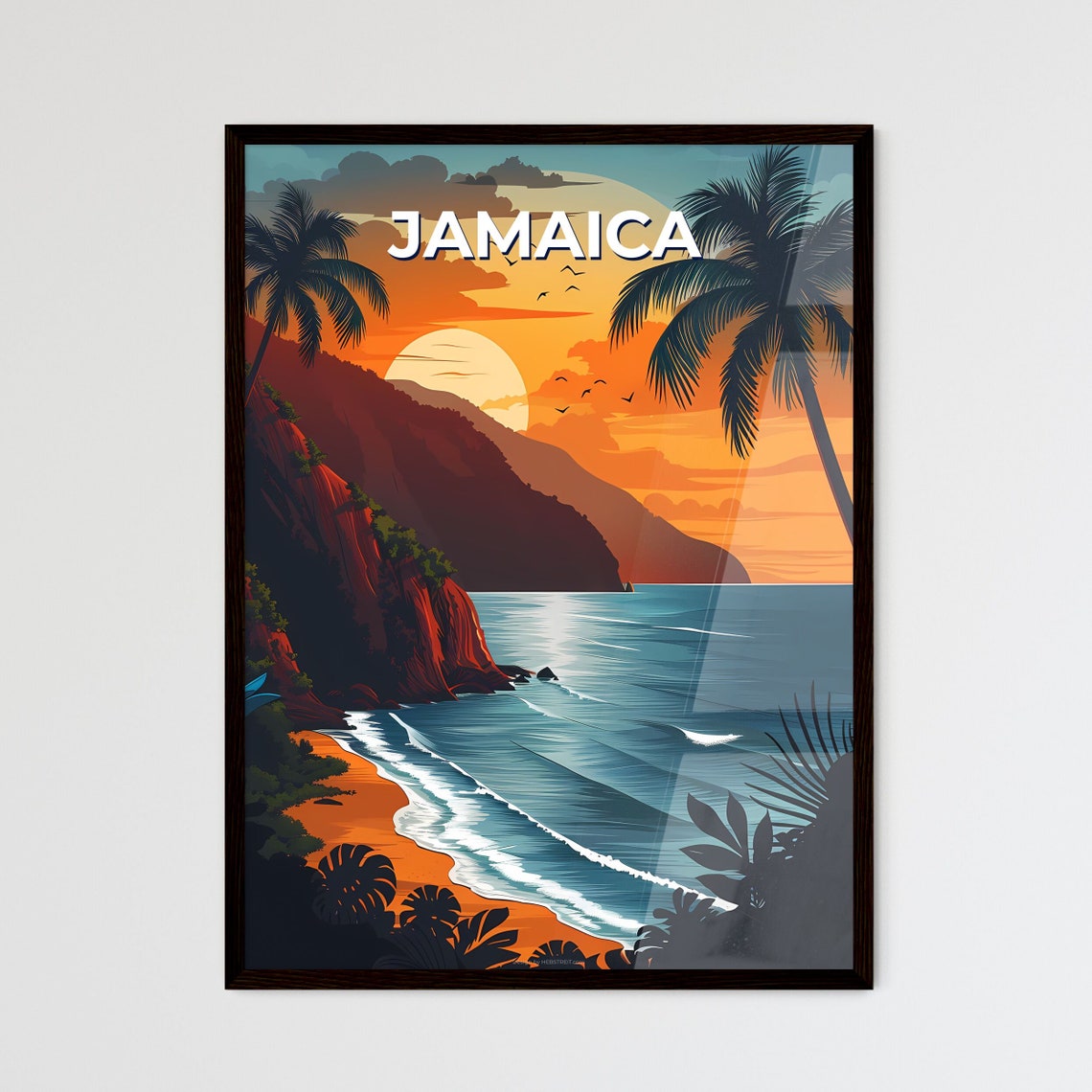 Jamaica Sunset Beach Cliffs Palm Trees Ocean Vintage Travel Poster Art