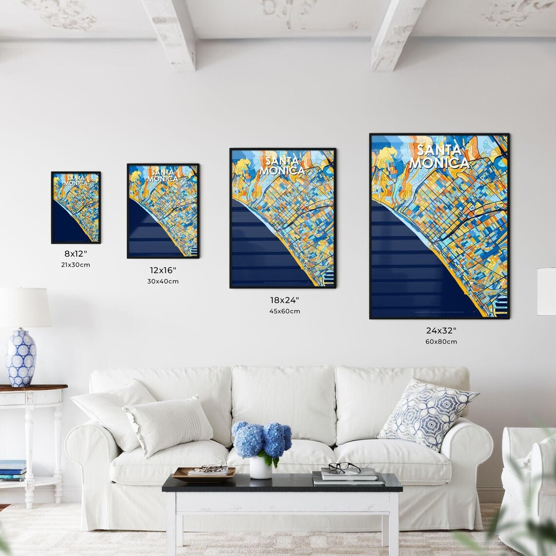 Santa Monica California City Map Art Print Deep Navy Blue Orange Coastal - Image 3