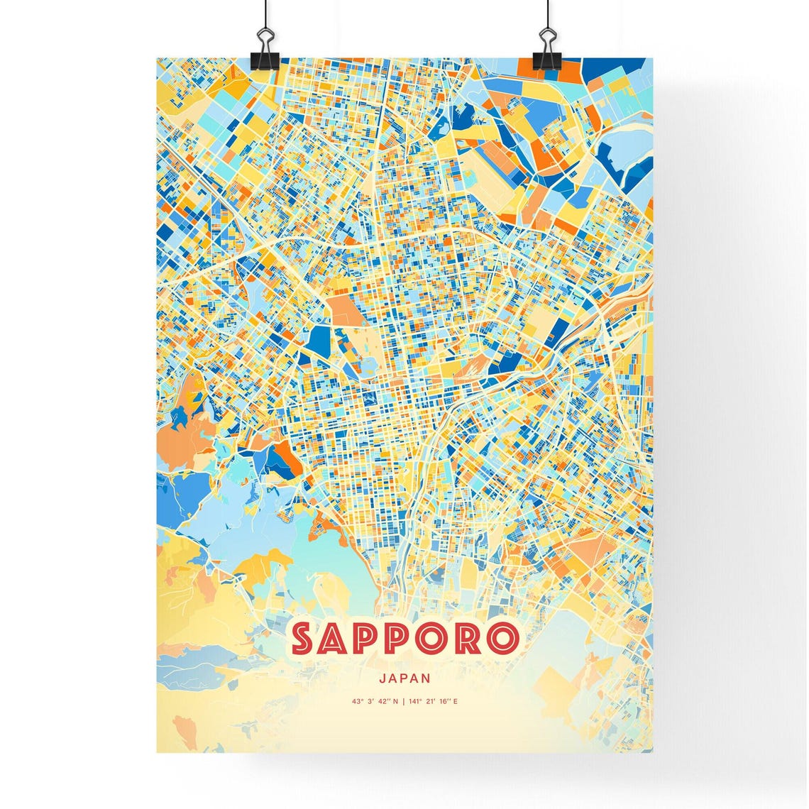 Sapporo Japan Modern Blue Orange Street Grid City Map Art Poster - Image 3