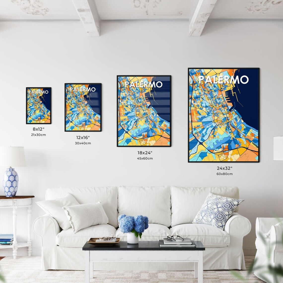Palermo Italy Colorful Geometric City Map Art Poster in Blue and Orange - Image 3