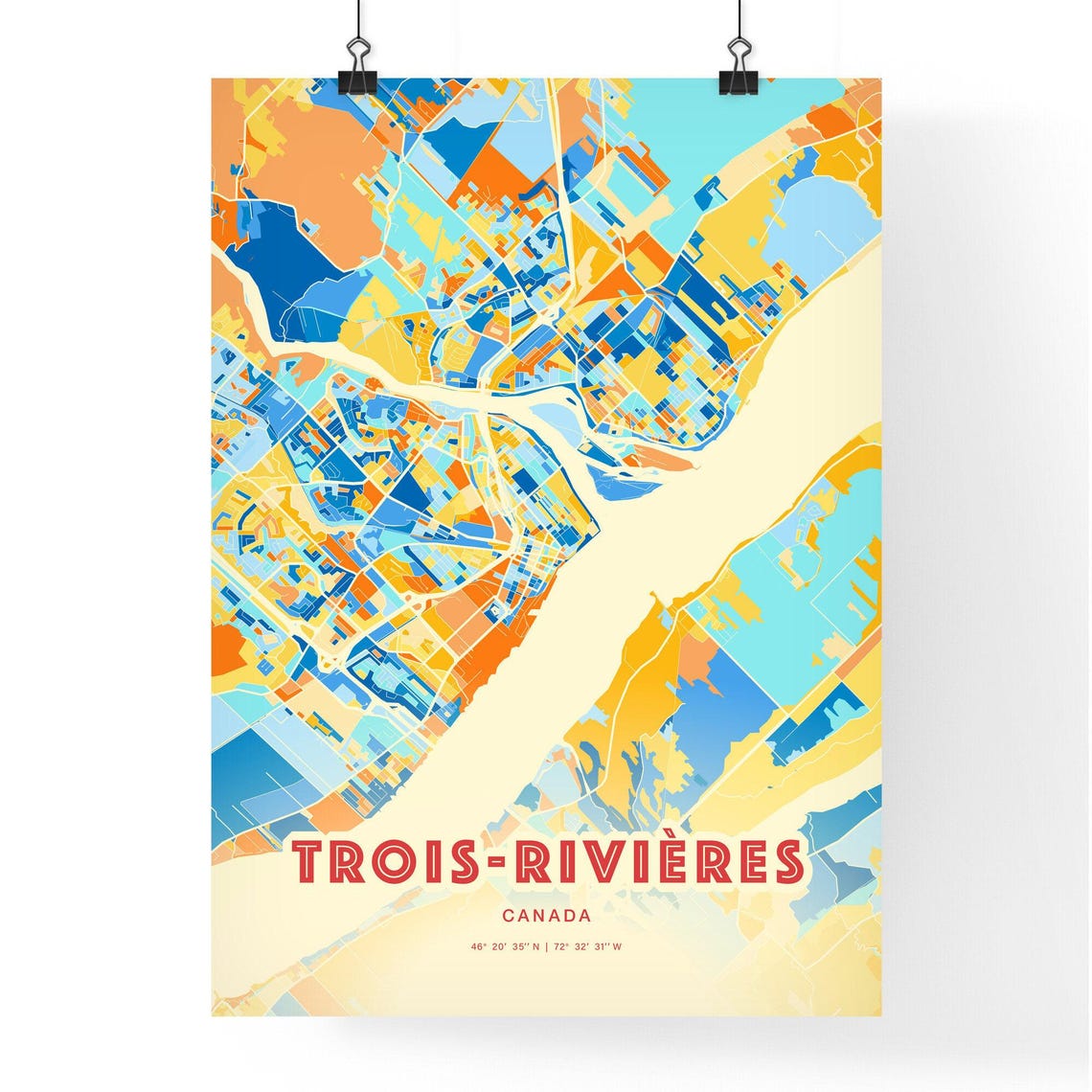 Trois Rivieres Canada Colorful Blue Orange City Map Art Poster - Image 3