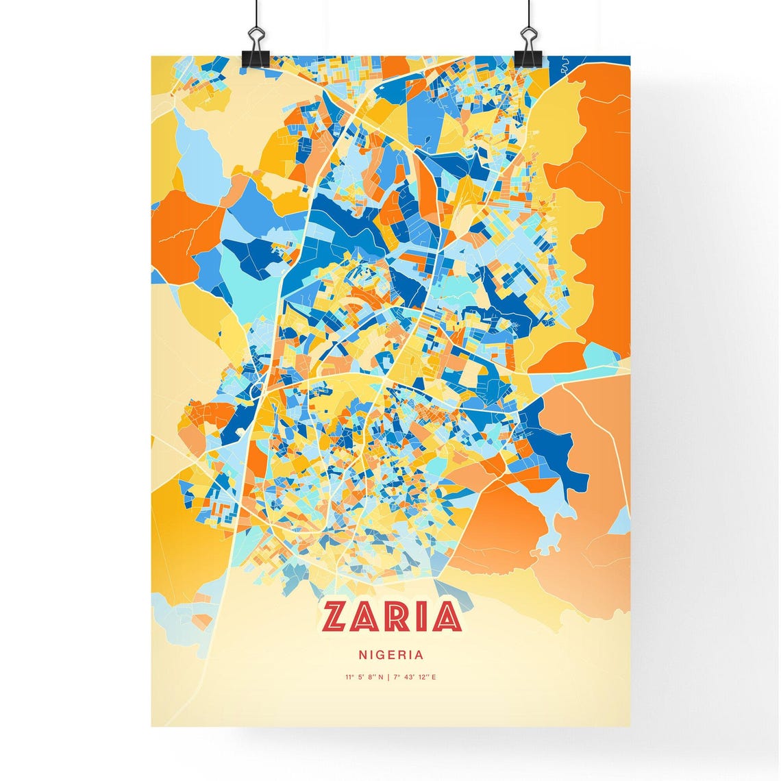 Zaria Nigeria Bold Blue Orange Abstract City Map Fine Art Poster - Image 3