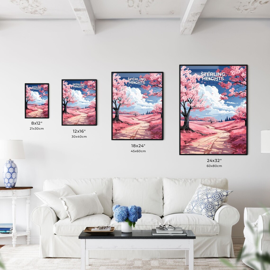 Sterling Heights Michigan Pink Blossom Meadow Path Travel Poster - Image 3