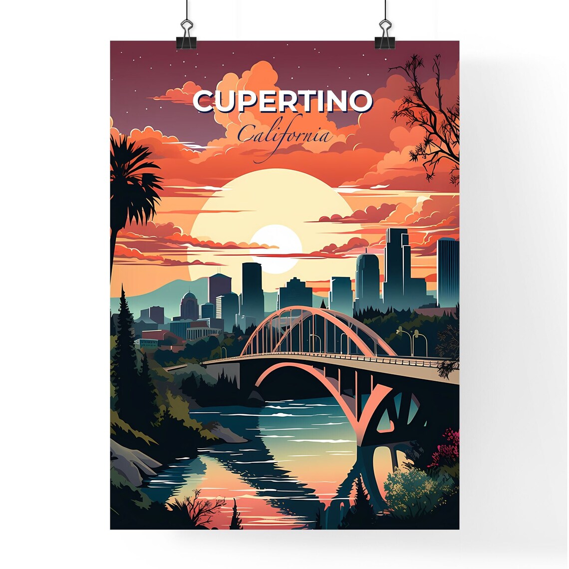 Cupertino California Sunset Arch Bridge City Skyline Art Poster - Image 4