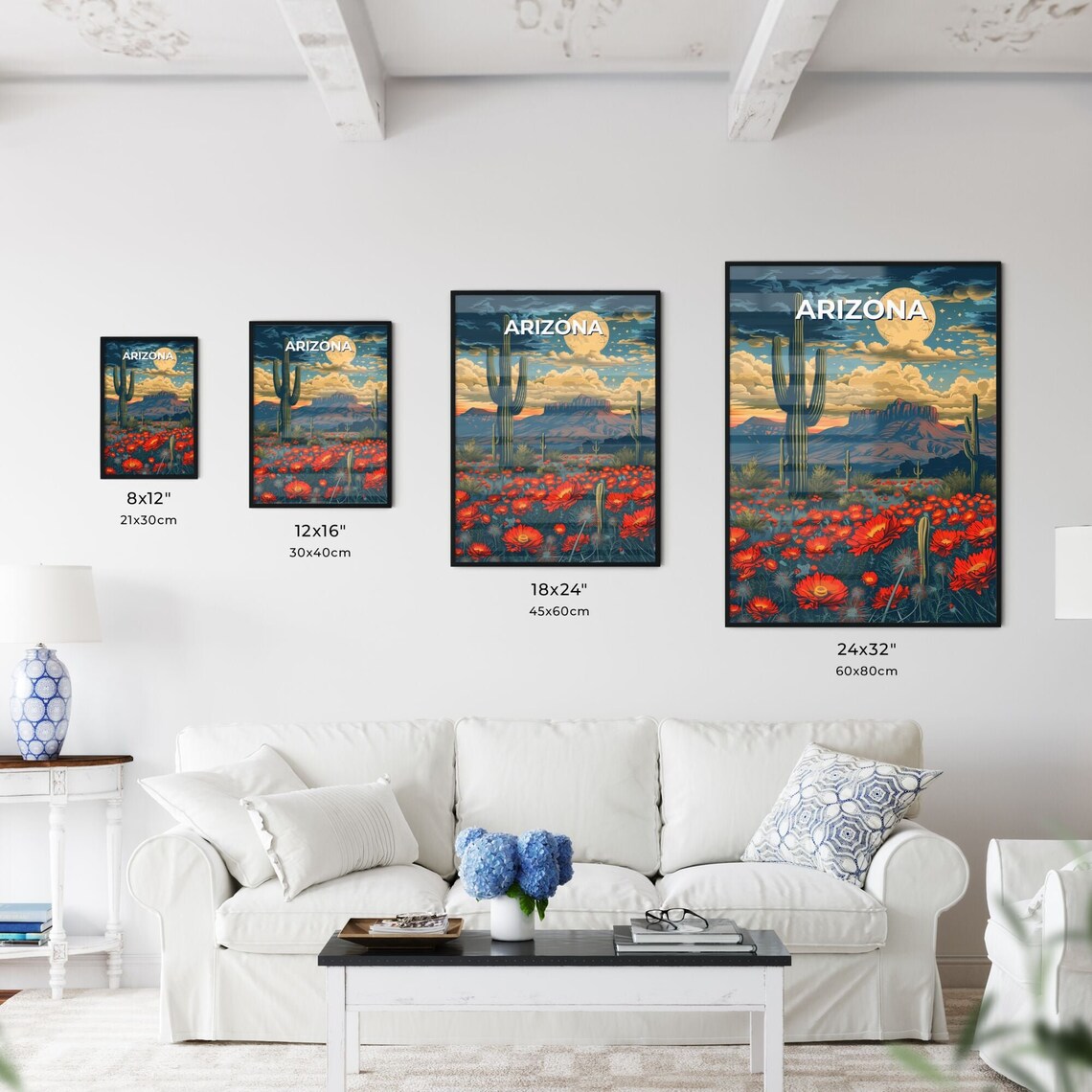 Arizona Saguaro Cactus Wildflower Field Moonlit Night Vintage Poster - Image 3