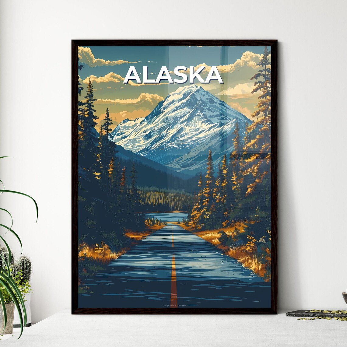 Alaska Snowy Mountain Peak Forest Road Lake Vintage Travel Poster Art