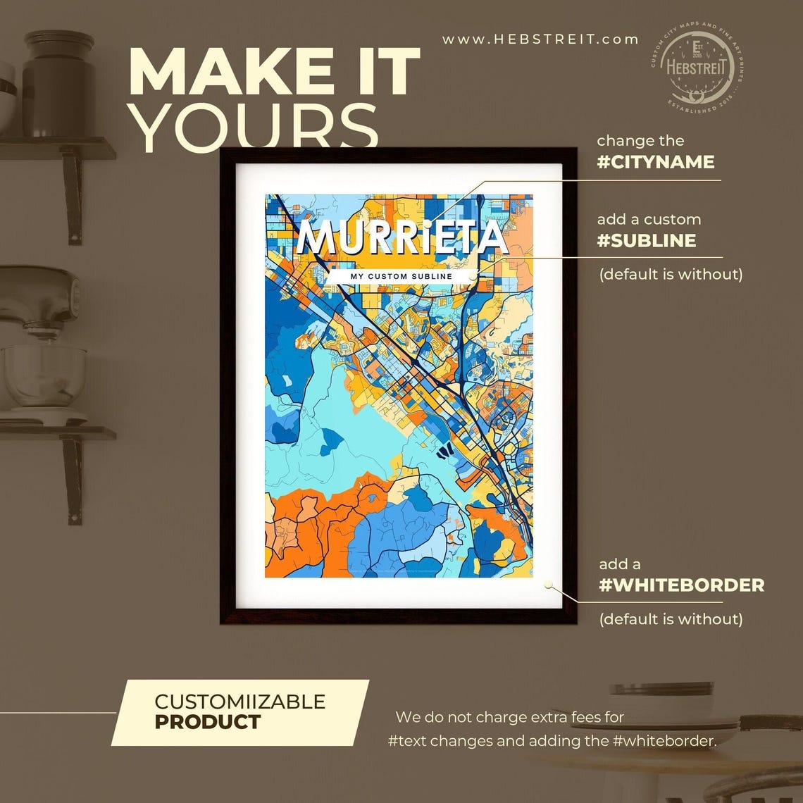 Murrieta California Bold Blue and Orange City Map Decor Poster - Image 2