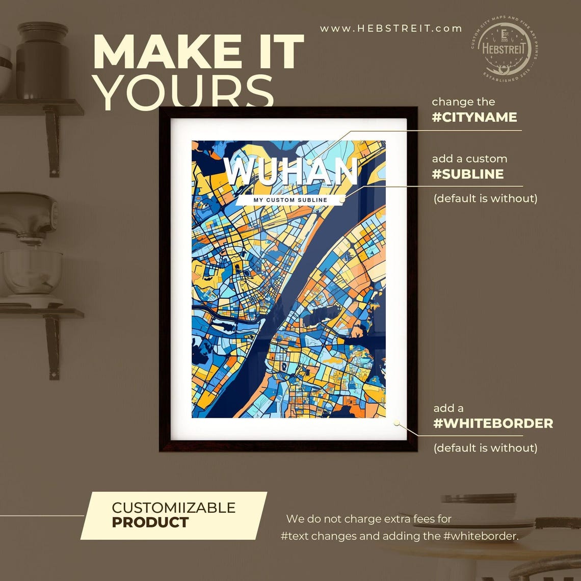 Wuhan China Blue Orange City Map Poster Bold Modern Street Grid Art - Image 2