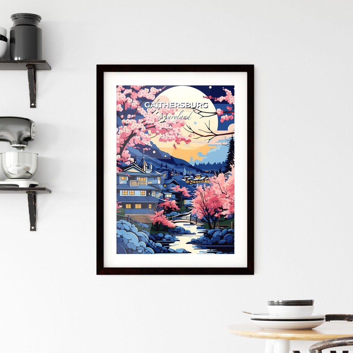 Gaithersburg Maryland Moonlit Village Cherry Blossom Stream Poster - Image 2