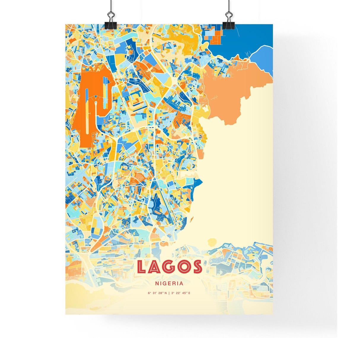 Lagos Nigeria Blue Orange City Map Poster with Coordinates Street Art - Image 3