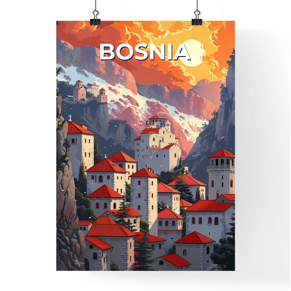 Bosnia Historic Red Roofed Mountain Village Sunset Travel Poster - Image 4