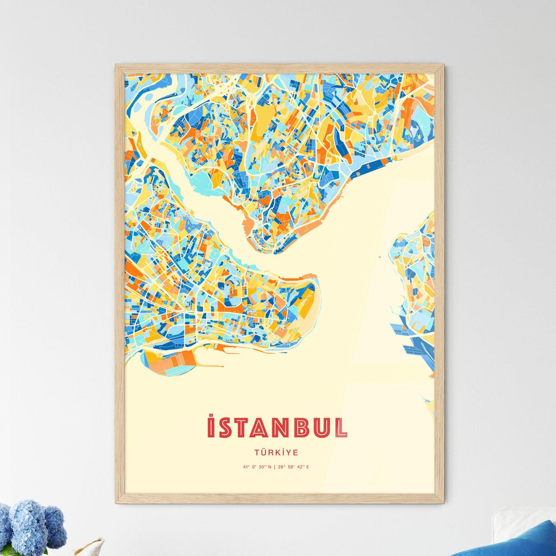 Istanbul Türkiye Bold Colorful Blue Orange Fine Art City Map Poster