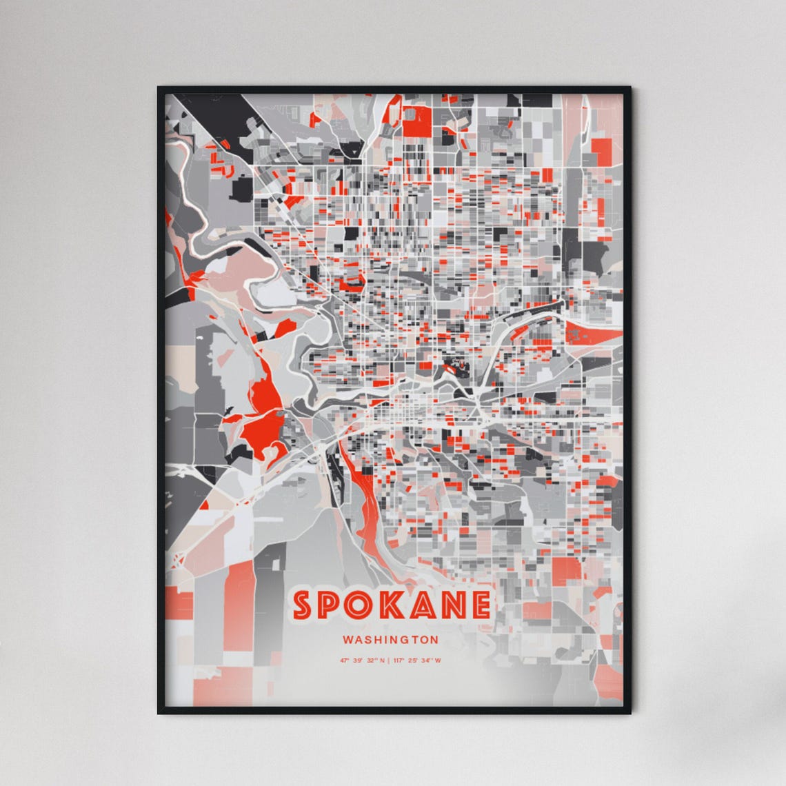 Spokane Washington City Map Art Modern Red Gray Coordinate Poster