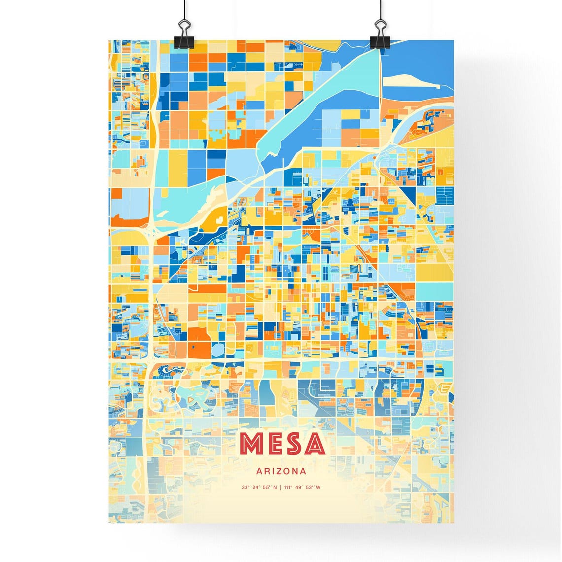 Mesa Arizona Colorful Blue Orange City Street Map Coordinates Poster - Image 3