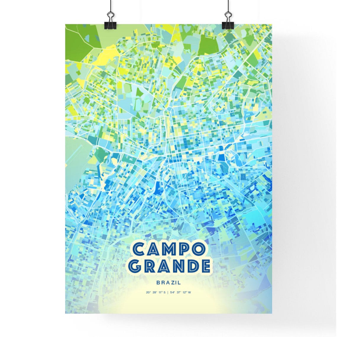 Campo Grande Brazil Pastel Blue City Map Art with Coordinates Poster - Image 3