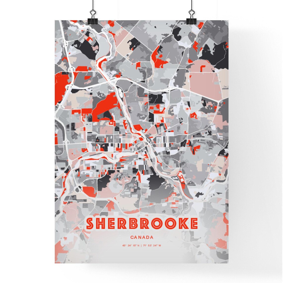 Sherbrooke Canada Modern Red Expressive City Map Poster with Coordinates - Image 3