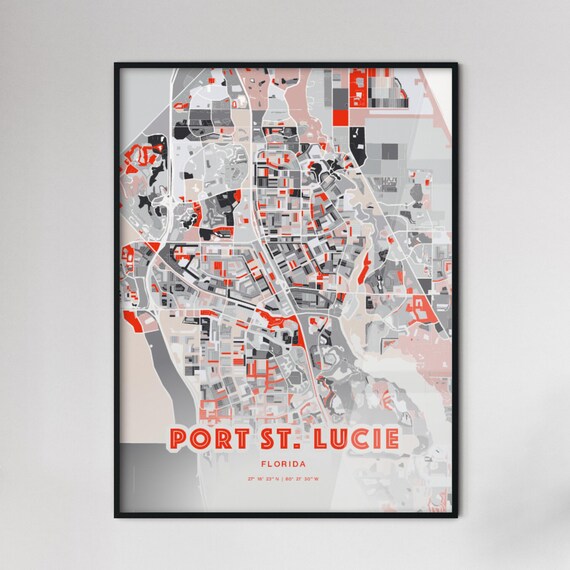 Port St Lucie Florida City Map Art Modern Red Gray Decor Poster