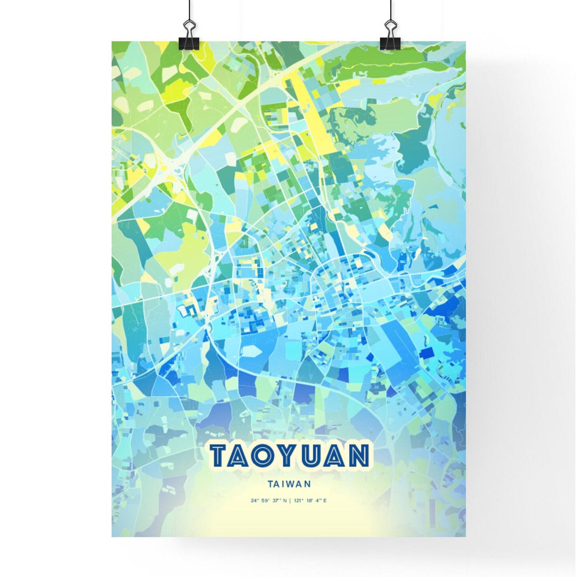 Taoyuan Taiwan Pastel Blue City Map Art with Coordinates Poster - Image 3