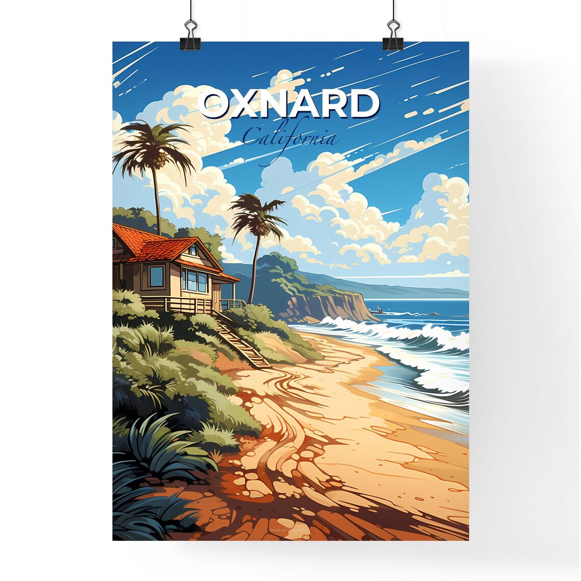 Oxnard California Beach Cottage Palm Trees Ocean Surf Travel Poster - Image 4