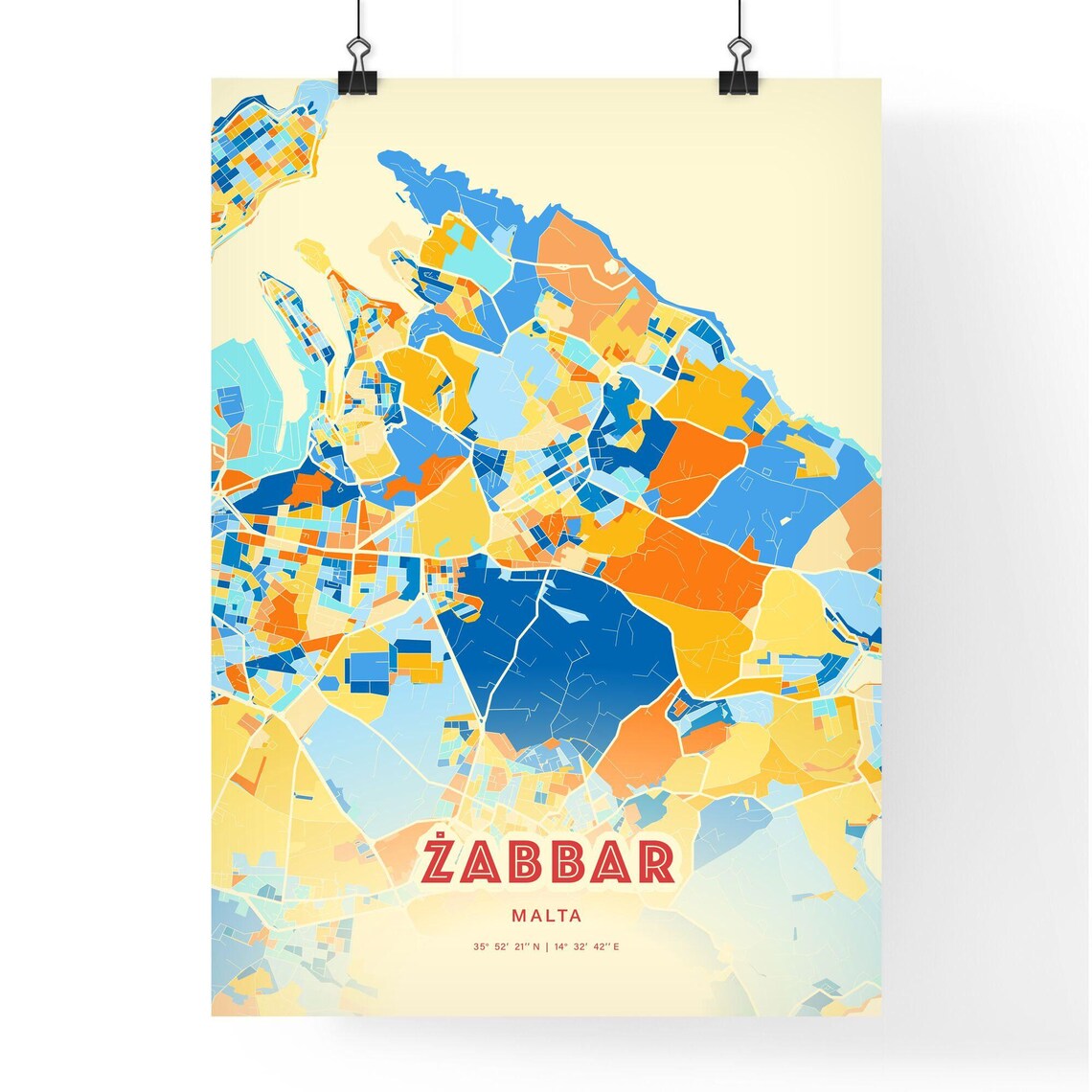 Zabbar Malta Colorful City Map Poster Blue Orange Island Wall Decor - Image 3