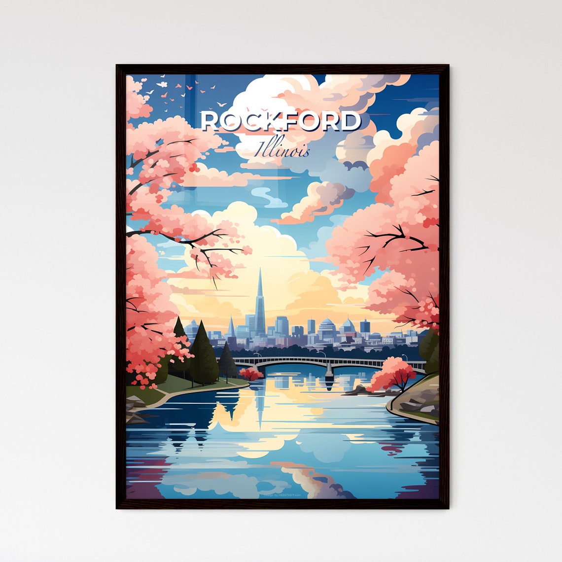 Rockford Illinois Cherry Blossom River Bridge Skyline Poster