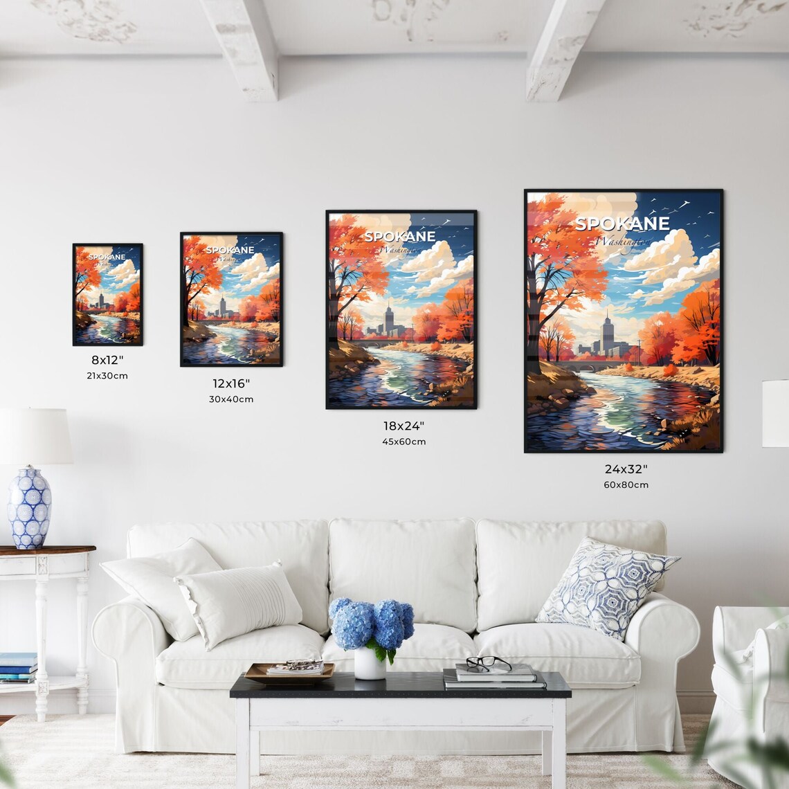 Spokane Washington Autumn River Orange Trees City Bridge Poster - Image 3