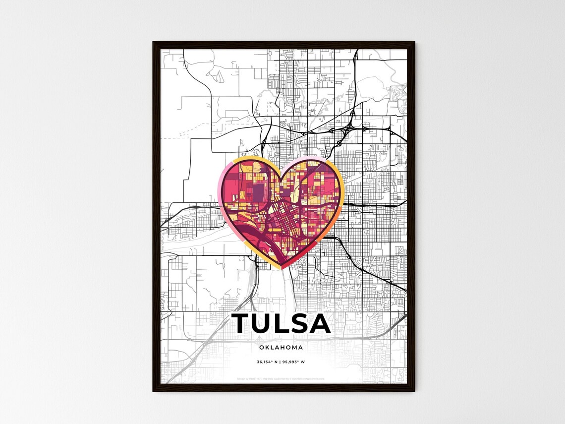Tulsa Oklahoma Minimal Map Art With Colorful Heart Icon Poster