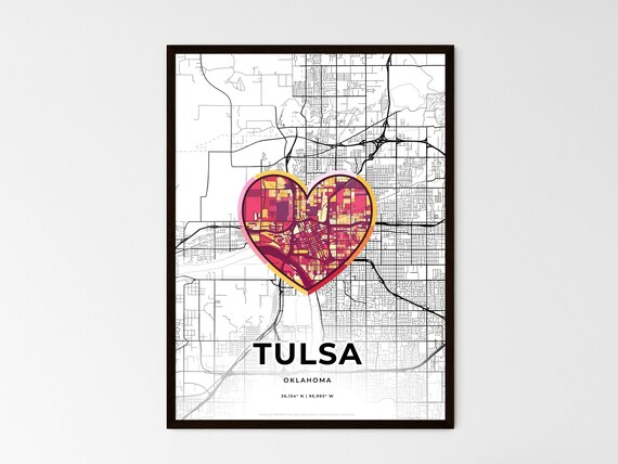 Tulsa Oklahoma Minimal Map Art With Colorful Heart Icon Poster