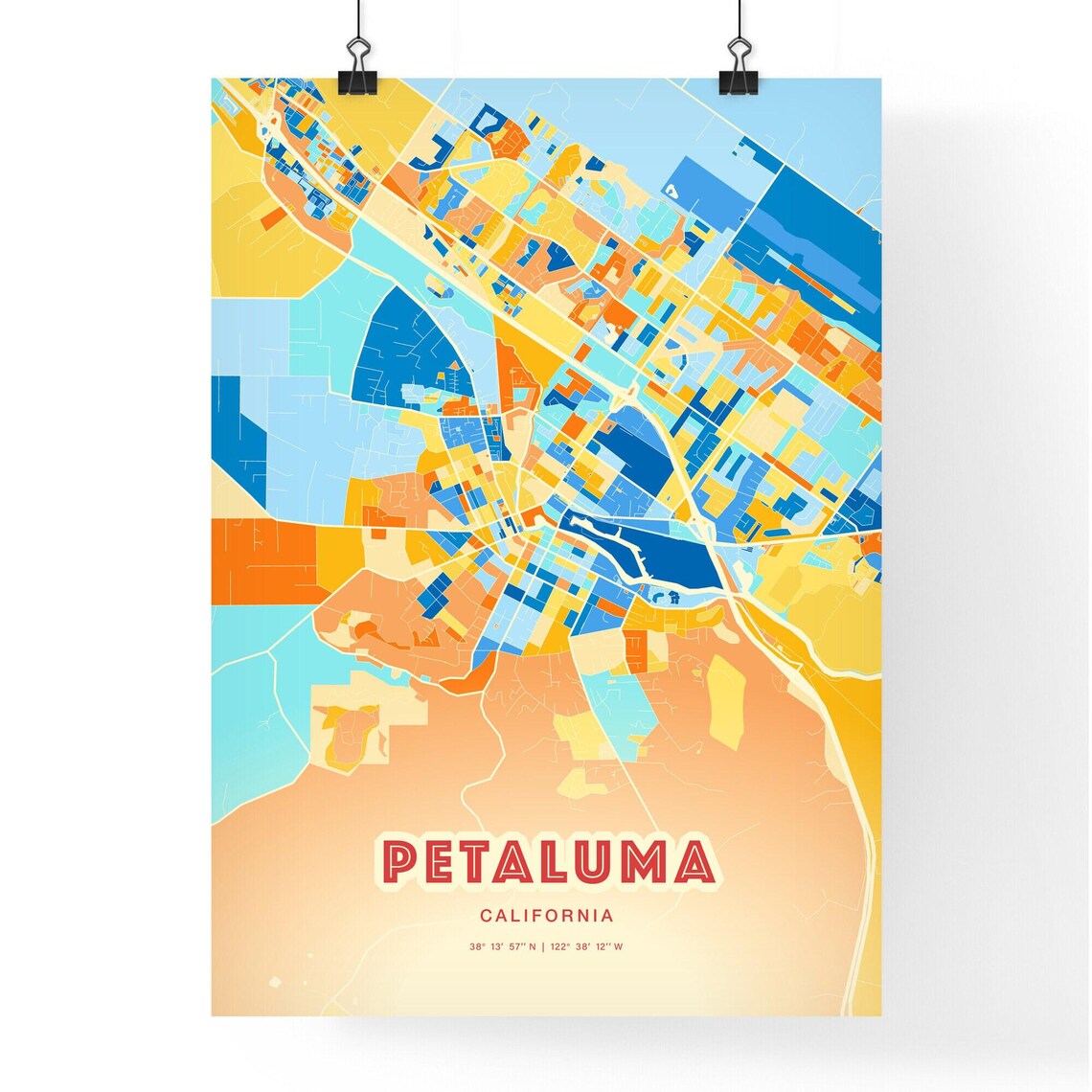 Petaluma California Modern Colorful City Street Map Art Poster