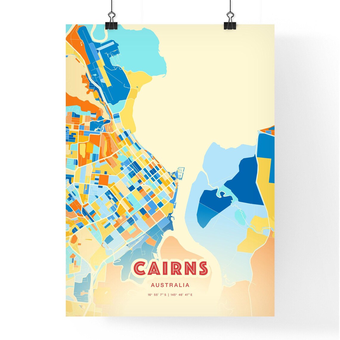 Cairns Australia Modern Geometric Blue Orange City Map Art Poster - Image 3