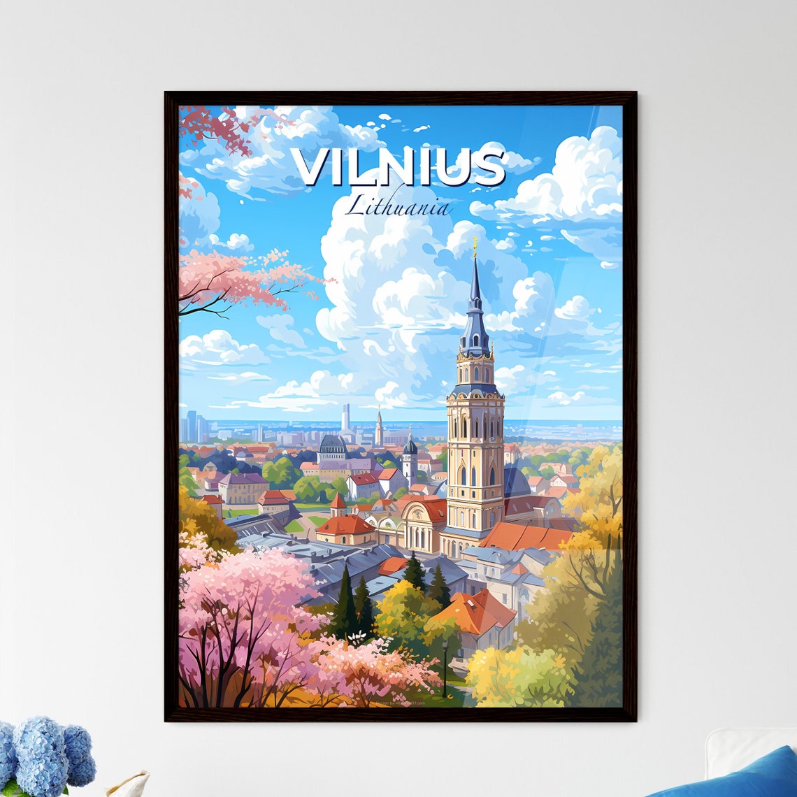 Vilnius Lithuania Illustrated Bell Tower Spring Travel Poster