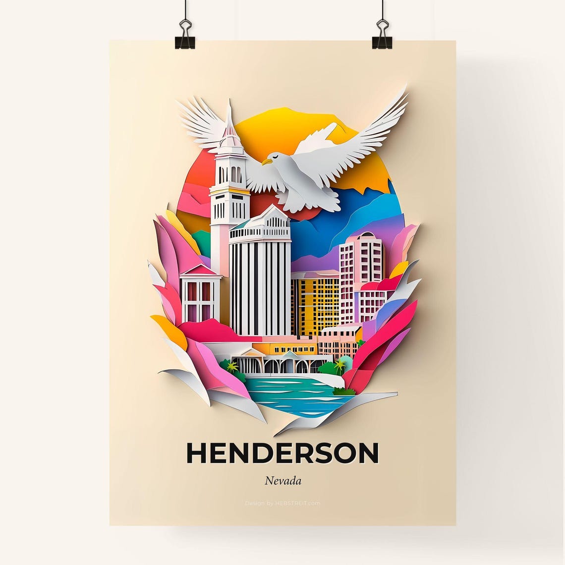 Henderson Nevada Dove Skyline Papercut Cityscape Travel Poster - Image 4
