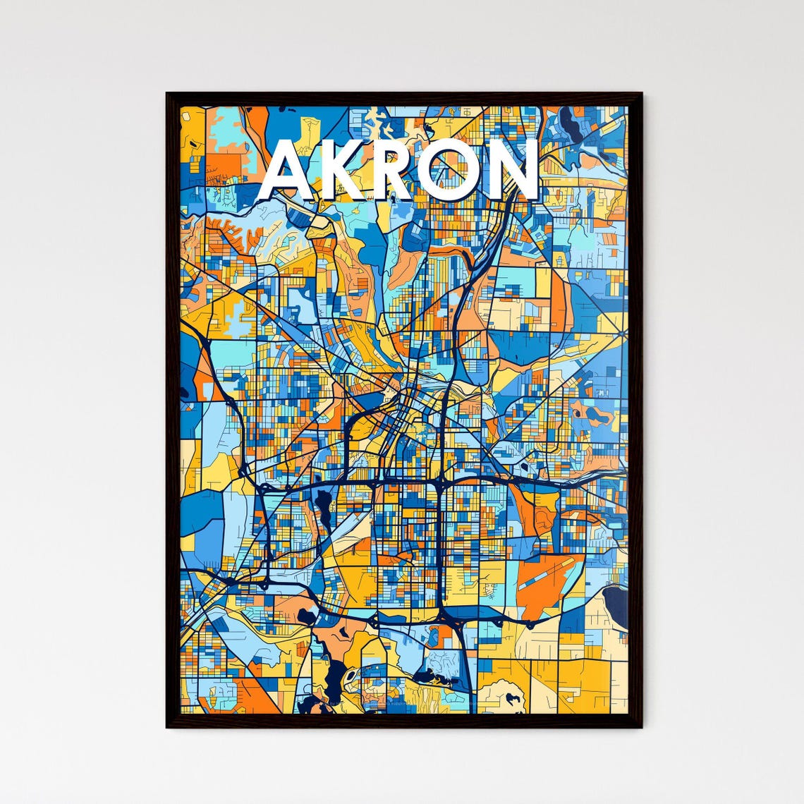 Akron Ohio Summit County Colorful Blue Orange Map Art Poster