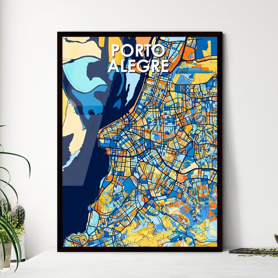 Porto Alegre Brazil City Map Art Print Deep Navy Blue And Orange Design
