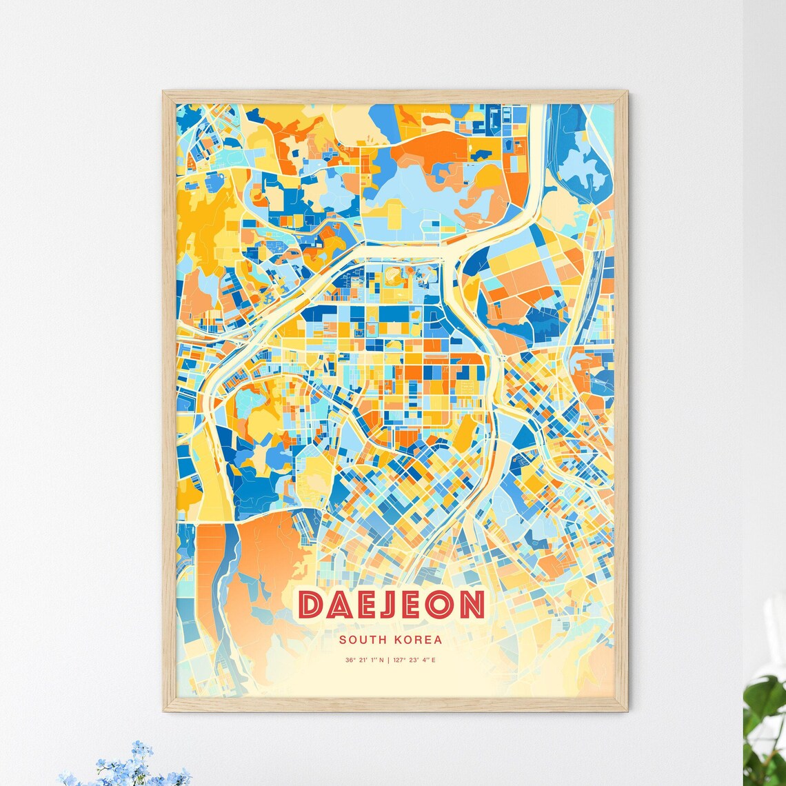 Daejeon South Korea City Map Blue Orange Modern Cartography Poster