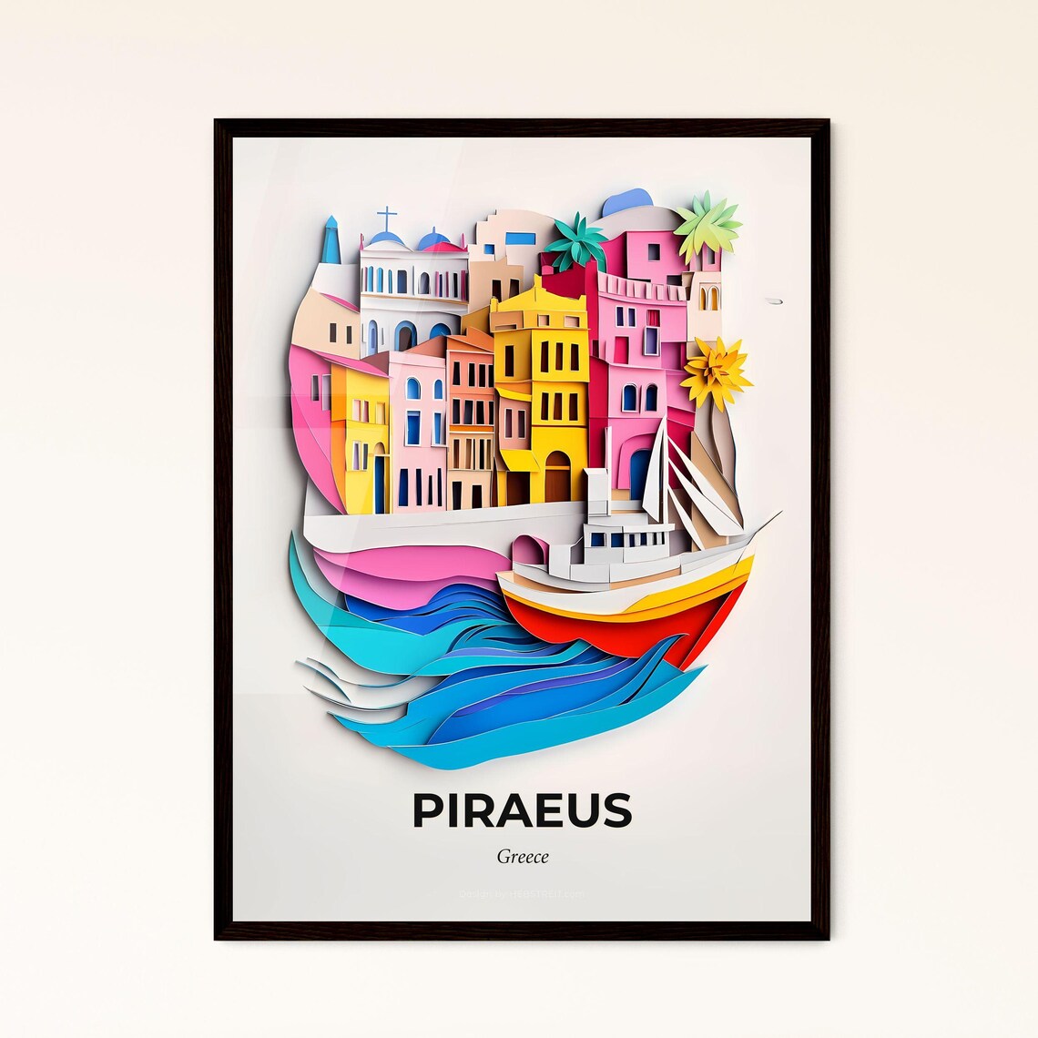 Piraeus Greece Colorful Harbor Boat Paper Cut City Art Poster