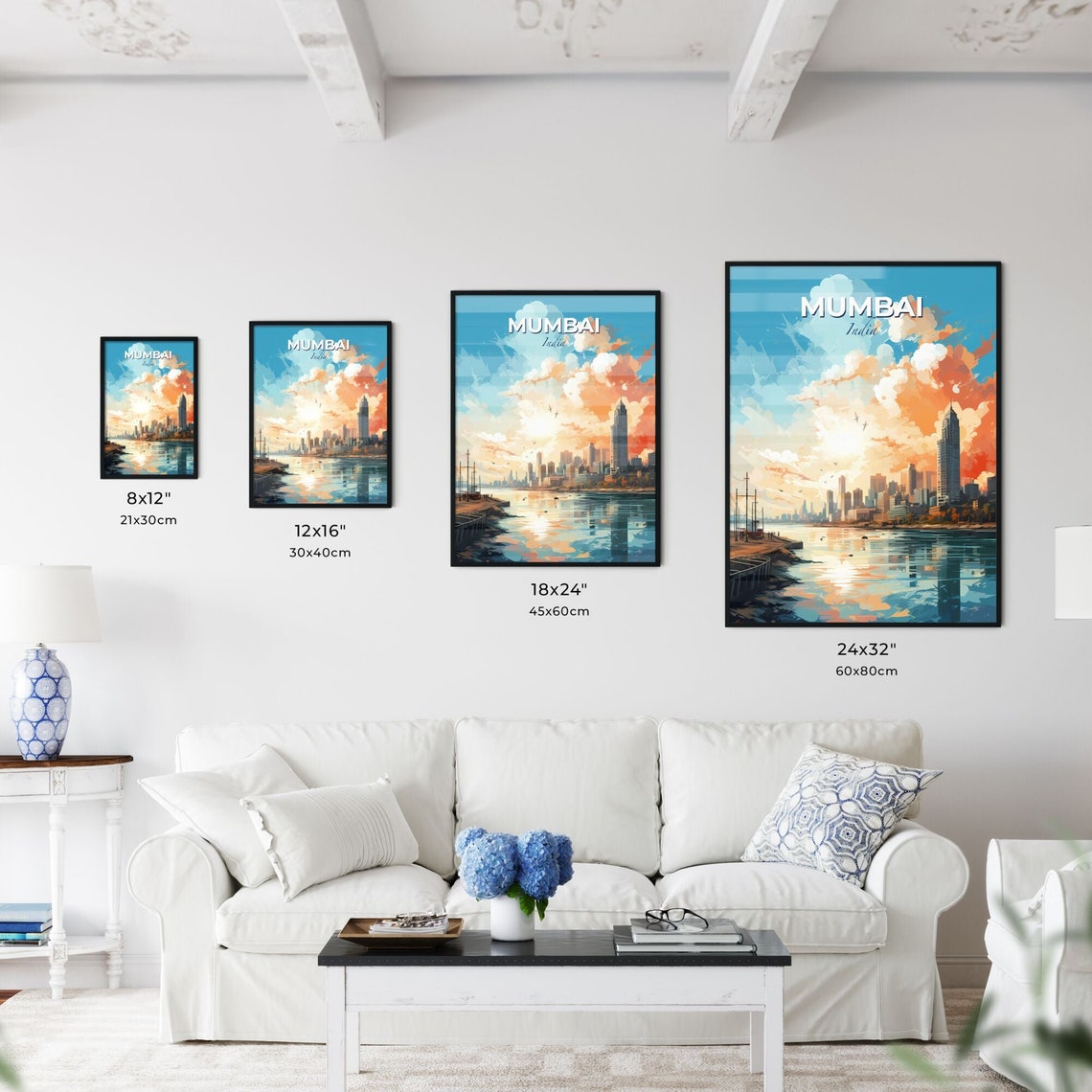 Mumbai India Harbor Skyline Sunset Watercolor Travel Art Poster - Image 3