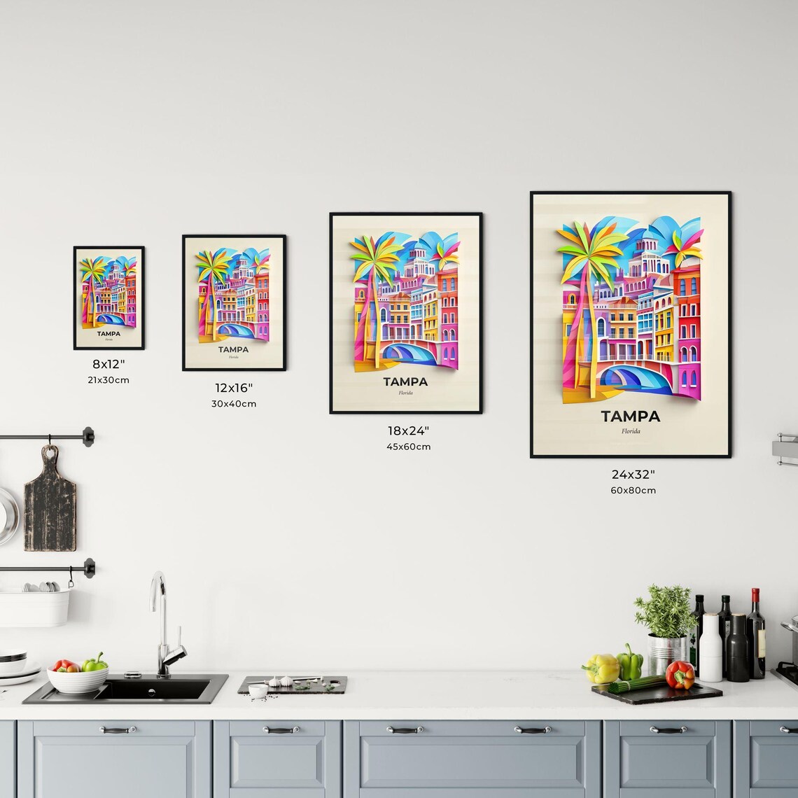 Tampa Florida Palm Trees Colorful Buildings Paper Cut Poster - Image 3