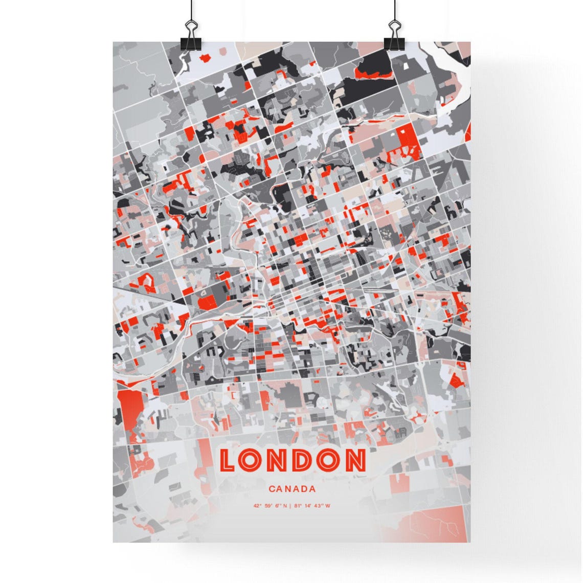 London Canada Expressive Bold Red City Street Map Artwork Poster - Image 3