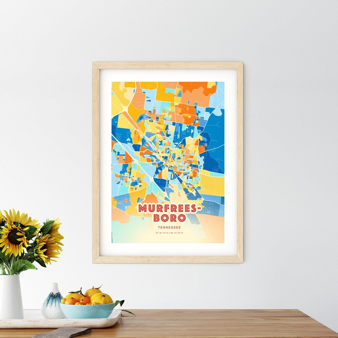 Murfreesboro Tennessee Colorful Blue Orange City Map Art Poster - Image 2