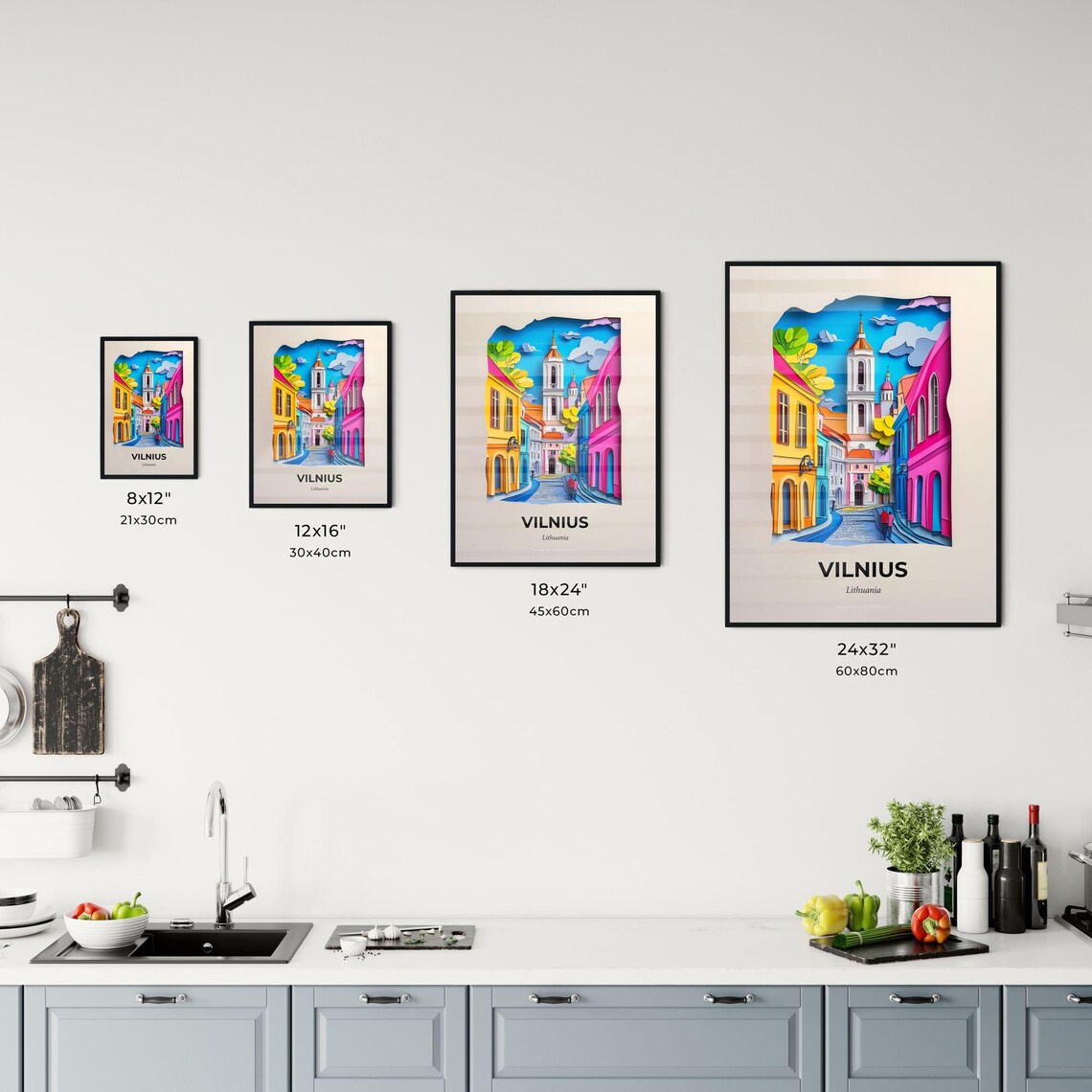 Vilnius Lithuania Colorful Paper Cut Old Town Street Travel Poster - Image 3