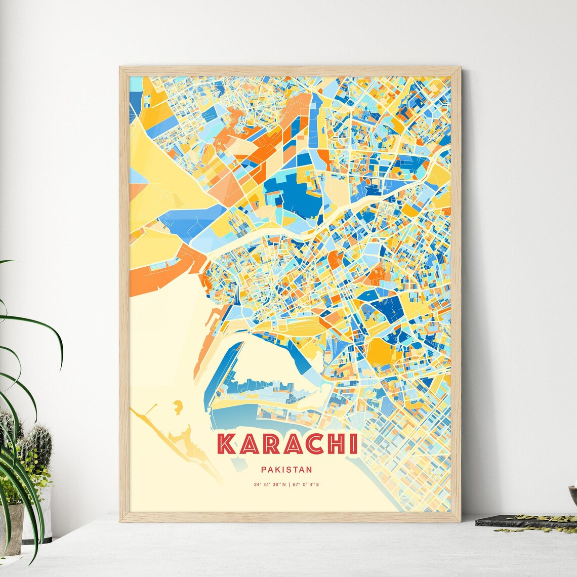 Karachi Pakistan Blue Orange Vibrant Harbor City Map Art Poster
