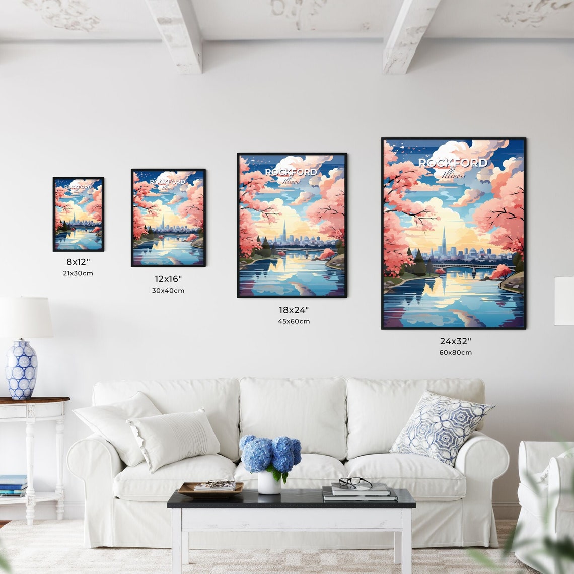 Rockford Illinois Cherry Blossom River Bridge Skyline Poster - Image 3
