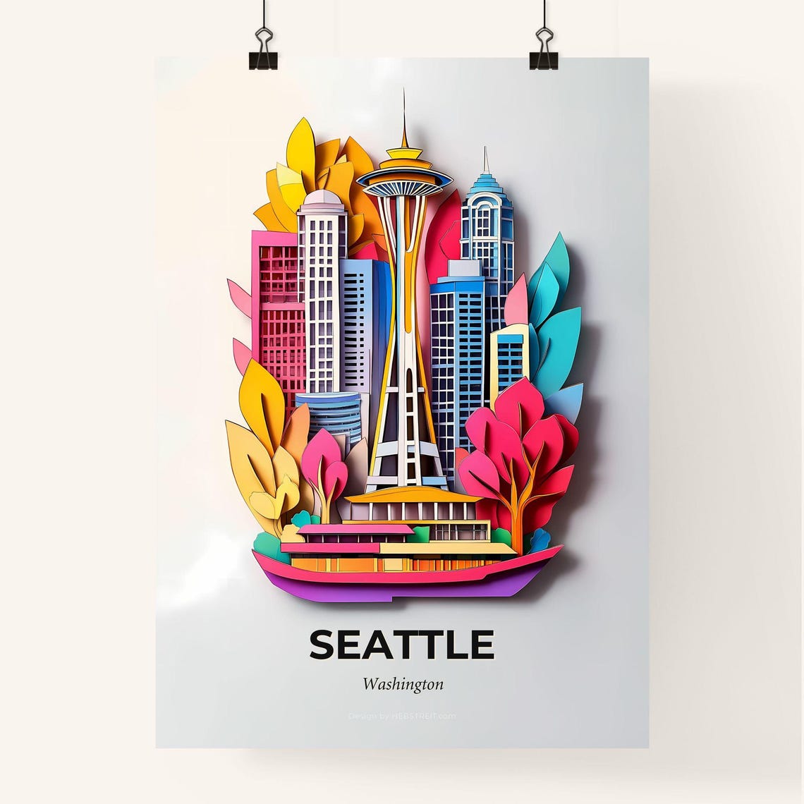 Seattle Washington Space Needle Skyline Paper Cut Art Poster - Image 4